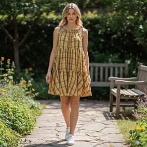 Moon River Halter Dress Tiered Mini Plaid Casual Summer Sundress Size M